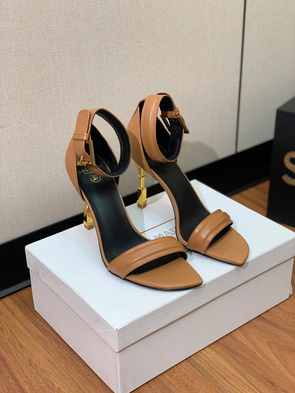 BALMAIN 25S SQUARE STRAP HIGH HEELS 100MM IN CARAMEL CALFSKIN