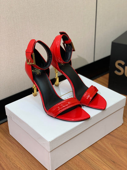 BALMAIN 25S SQUARE STRAP HIGH HEELS 100MM IN RED PATENT CALFSKIN