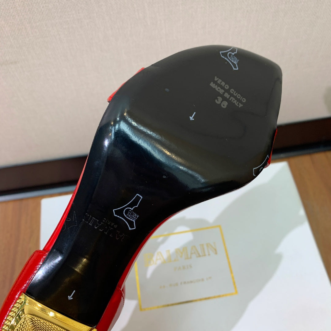 BALMAIN 25S SQUARE STRAP HIGH HEELS 100MM IN RED PATENT CALFSKIN