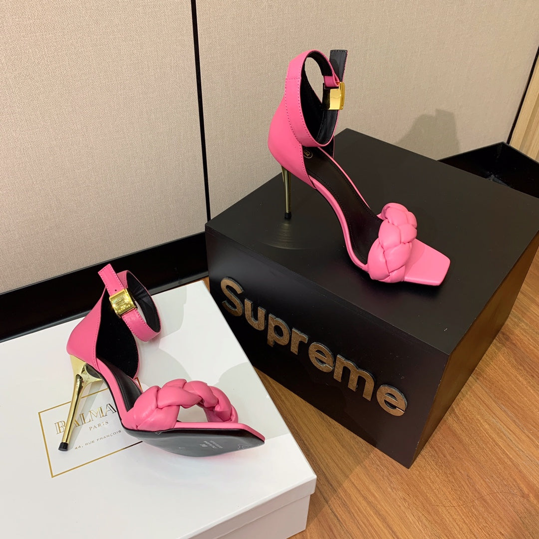 BALMAIN 25S ANKLE STRAP HIGH HEEL 95MM IN PINK CALFSKIN