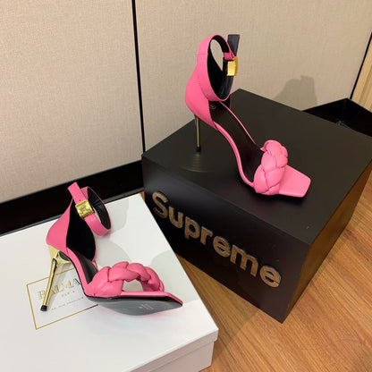 BALMAIN 25S ANKLE STRAP HIGH HEEL 95MM IN PINK CALFSKIN