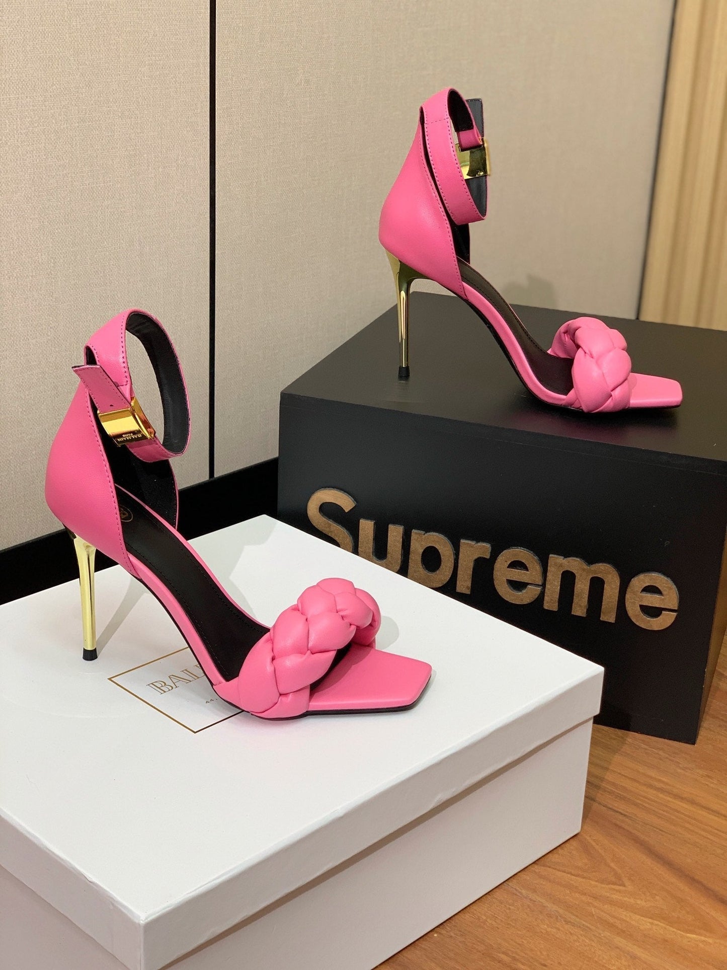 BALMAIN 25S ANKLE STRAP HIGH HEEL 95MM IN PINK CALFSKIN