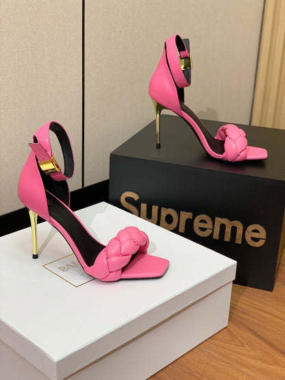 BALMAIN 25S ANKLE STRAP HIGH HEEL 95MM IN PINK CALFSKIN
