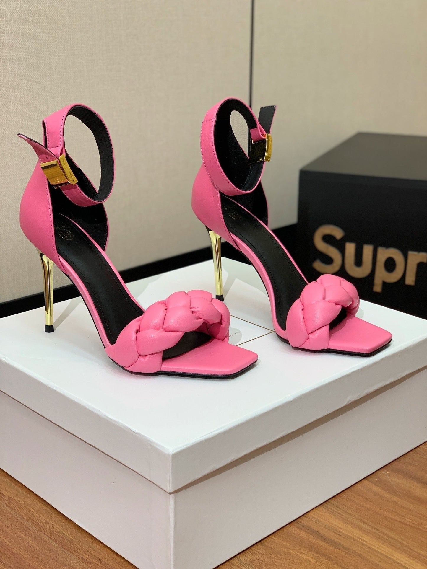 BALMAIN 25S ANKLE STRAP HIGH HEEL 95MM IN PINK CALFSKIN