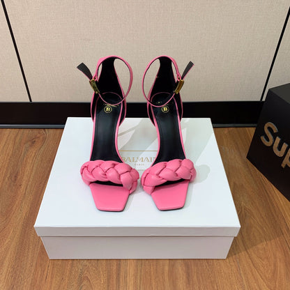 BALMAIN 25S ANKLE STRAP HIGH HEEL 95MM IN PINK CALFSKIN