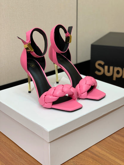 BALMAIN 25S ANKLE STRAP HIGH HEEL 95MM IN PINK CALFSKIN