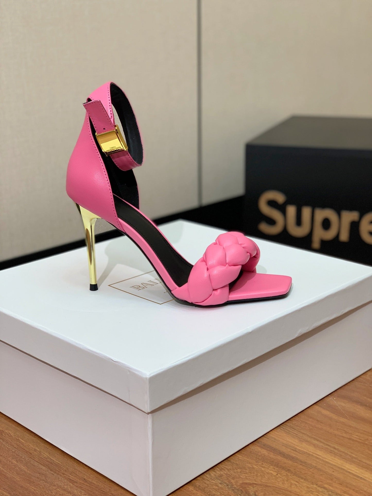 BALMAIN 25S ANKLE STRAP HIGH HEEL 95MM IN PINK CALFSKIN