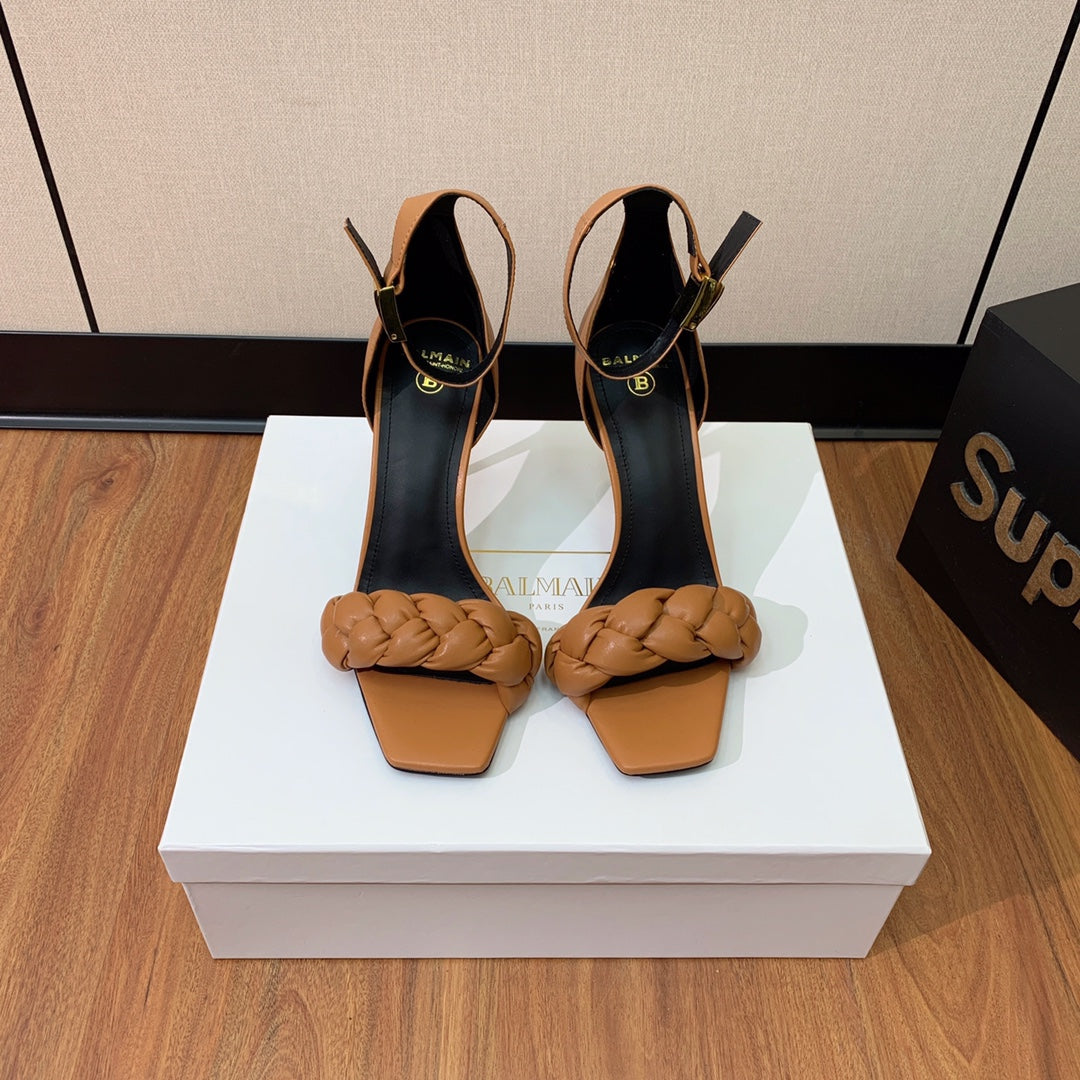 BALMAIN 25S ANKLE STRAP HIGH HEEL 95MM IN BROWN CALFSKIN