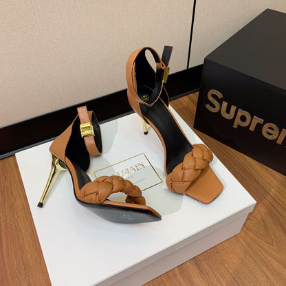 BALMAIN 25S ANKLE STRAP HIGH HEEL 95MM IN BROWN CALFSKIN