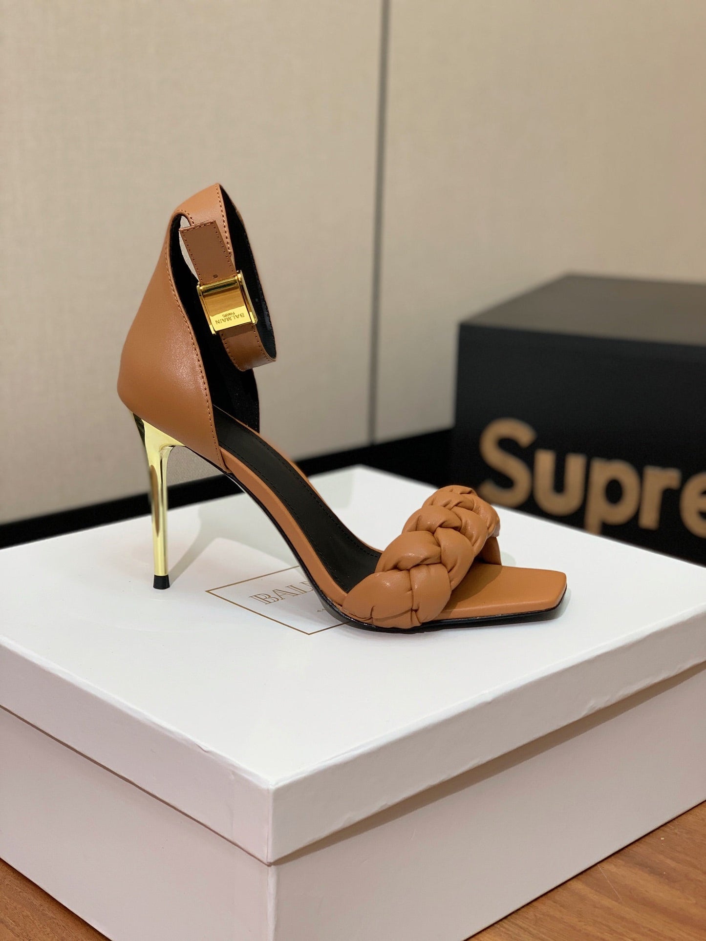 BALMAIN 25S ANKLE STRAP HIGH HEEL 95MM IN BROWN CALFSKIN