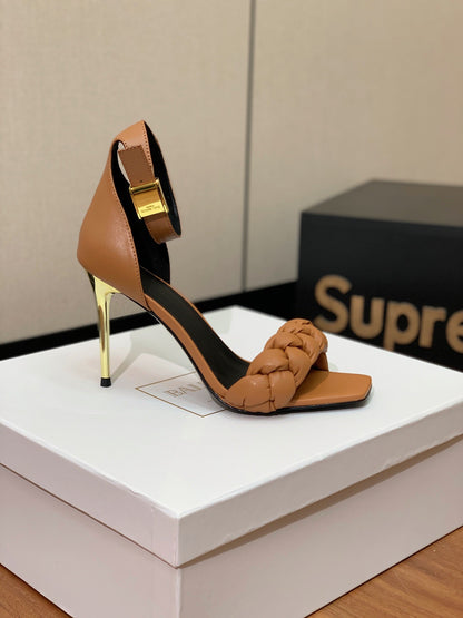 BALMAIN 25S ANKLE STRAP HIGH HEEL 95MM IN BROWN CALFSKIN