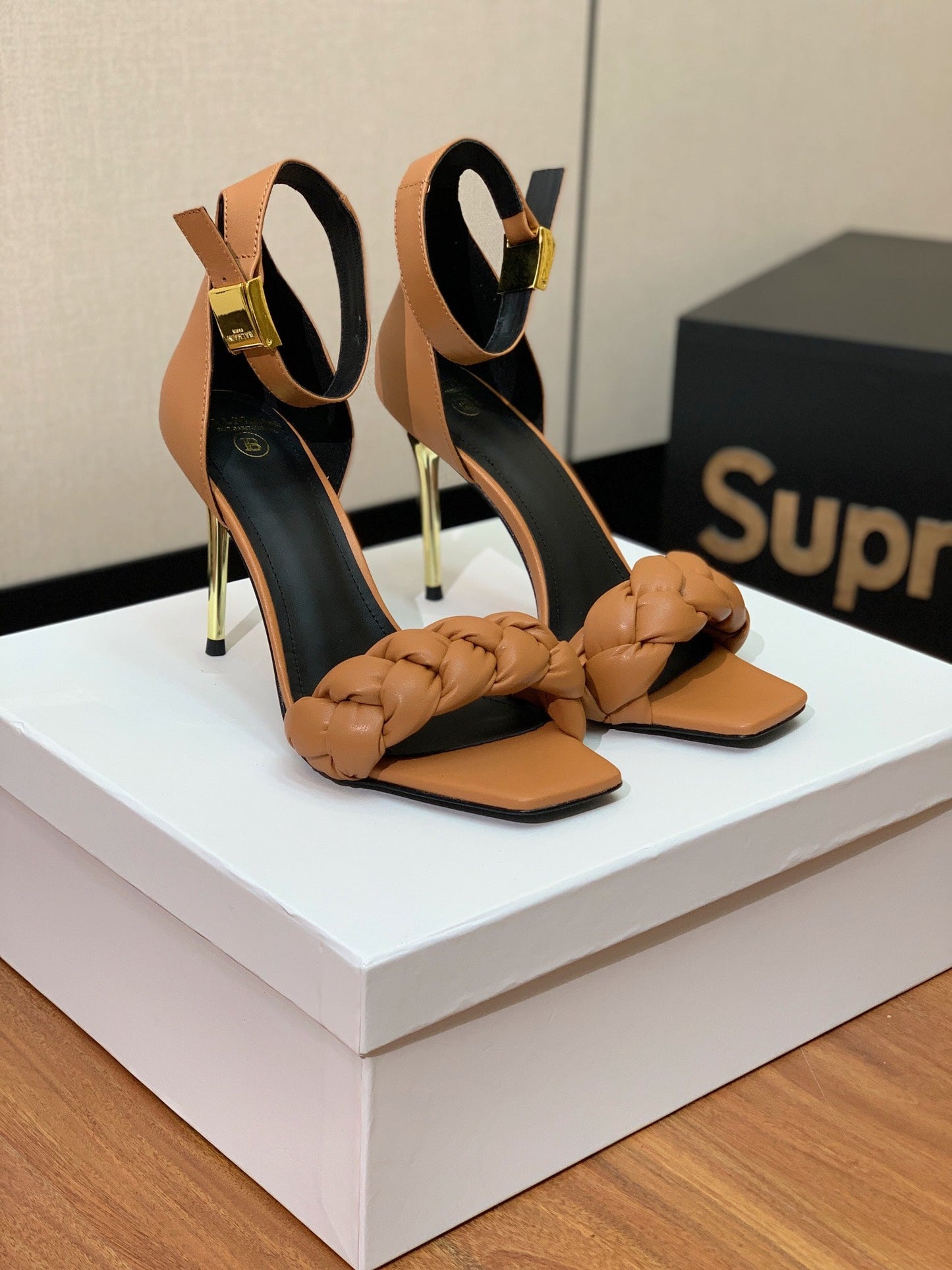 BALMAIN 25S ANKLE STRAP HIGH HEEL 95MM IN BROWN CALFSKIN