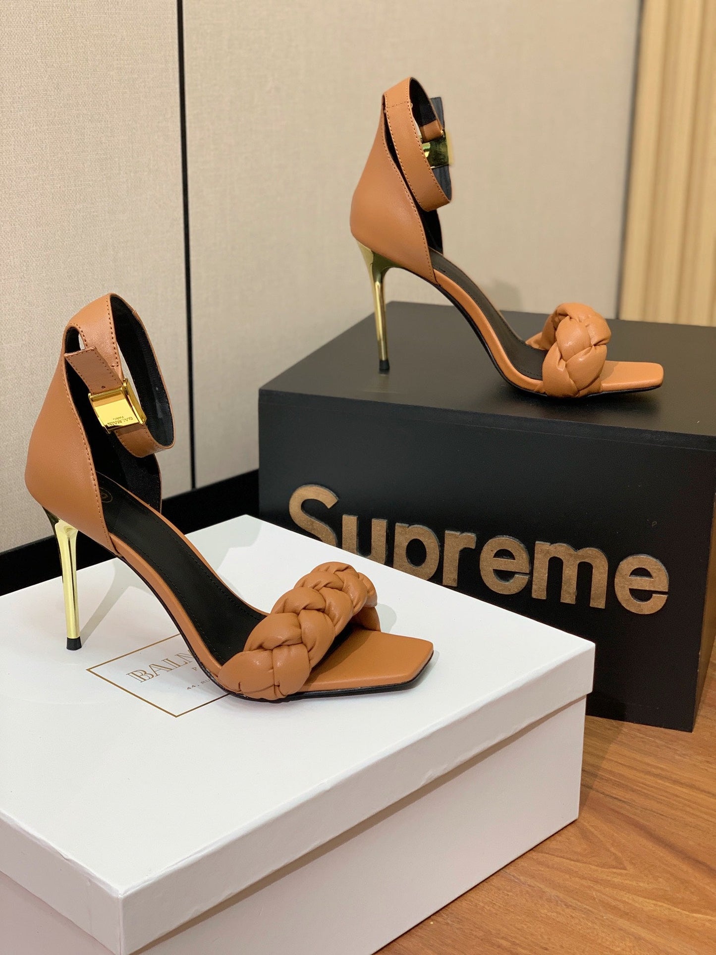 BALMAIN 25S ANKLE STRAP HIGH HEEL 95MM IN BROWN CALFSKIN