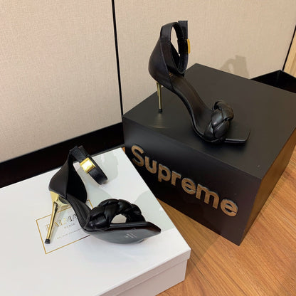 BALMAIN 25S ANKLE STRAP HIGH HEEL 95MM IN BLACK CALFSKIN