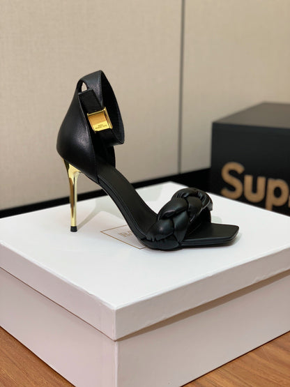 BALMAIN 25S ANKLE STRAP HIGH HEEL 95MM IN BLACK CALFSKIN