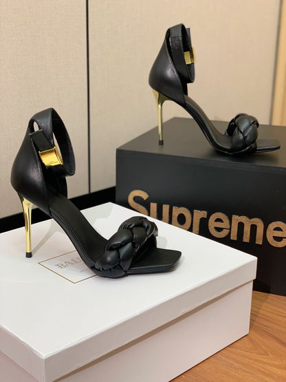 BALMAIN 25S ANKLE STRAP HIGH HEEL 95MM IN BLACK CALFSKIN