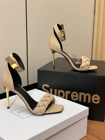 BALMAIN 25S ANKLE STRAP HIGH HEEL 95MM IN BEIGE GRAY CALFSKIN