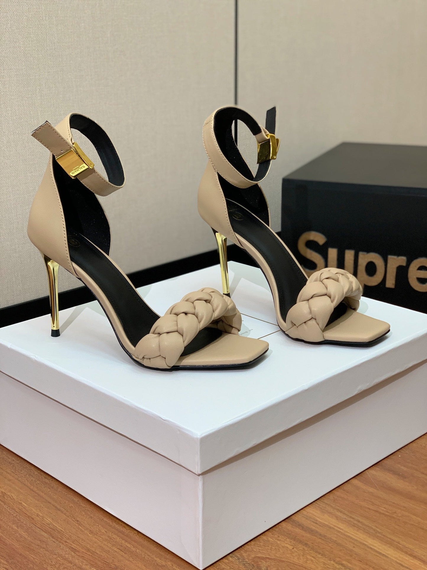 BALMAIN 25S ANKLE STRAP HIGH HEEL 95MM IN BEIGE GRAY CALFSKIN