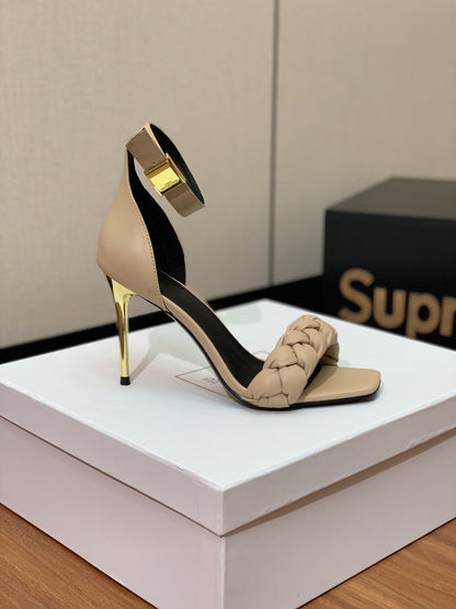 BALMAIN 25S ANKLE STRAP HIGH HEEL 95MM IN BEIGE GRAY CALFSKIN