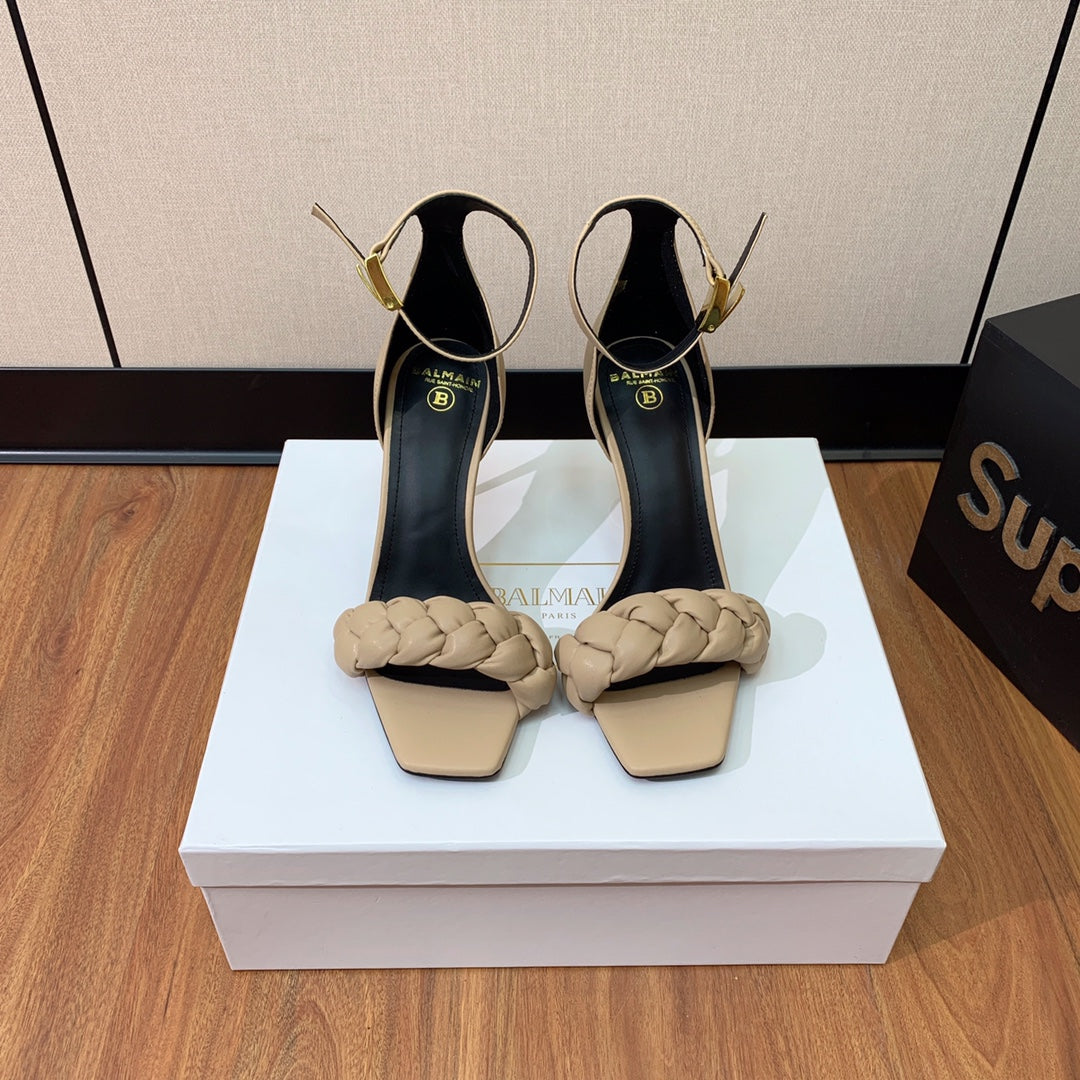 BALMAIN 25S ANKLE STRAP HIGH HEEL 95MM IN BEIGE GRAY CALFSKIN