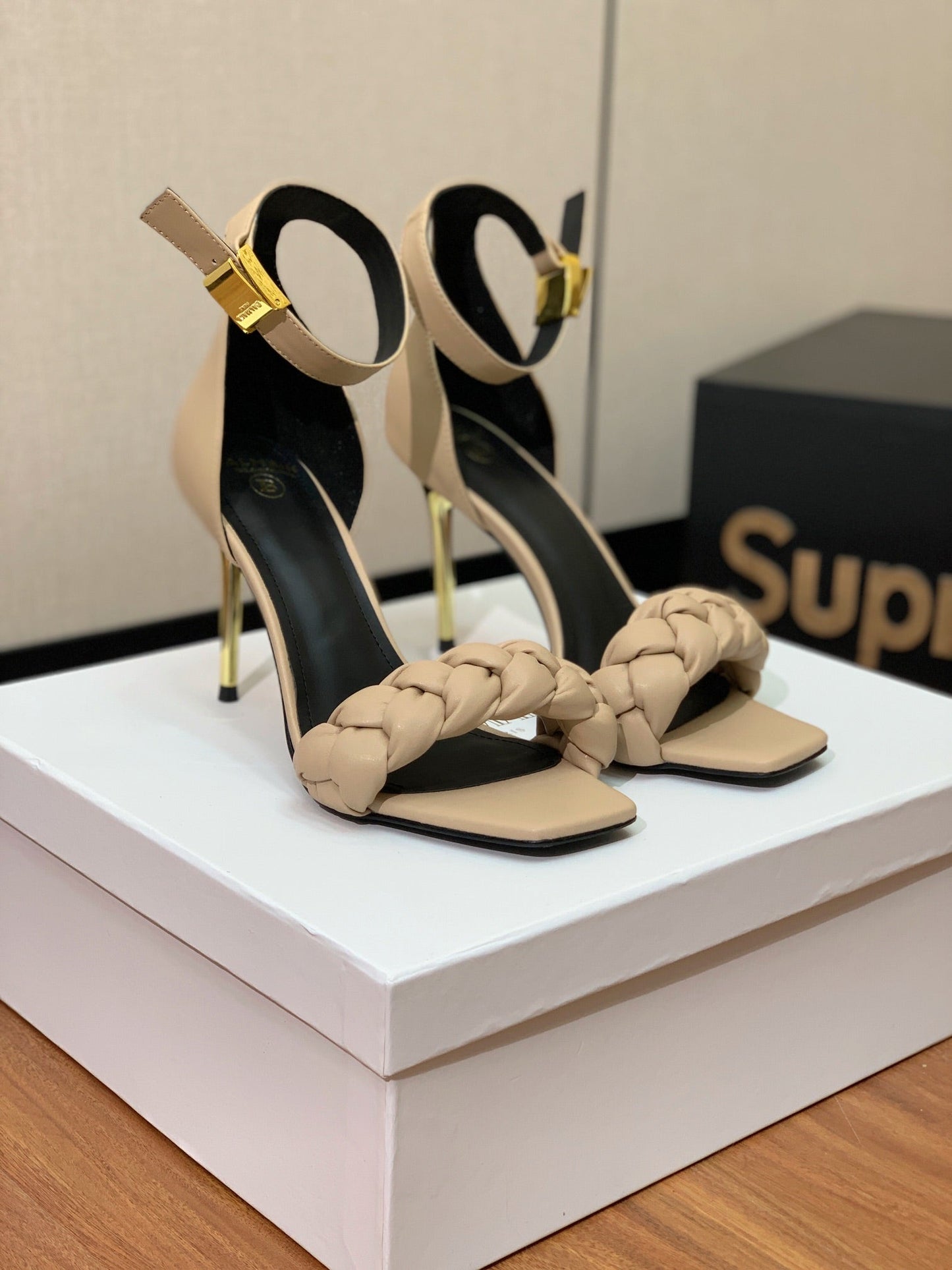 BALMAIN 25S ANKLE STRAP HIGH HEEL 95MM IN BEIGE GRAY CALFSKIN