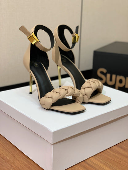 BALMAIN 25S ANKLE STRAP HIGH HEEL 95MM IN BEIGE GRAY CALFSKIN