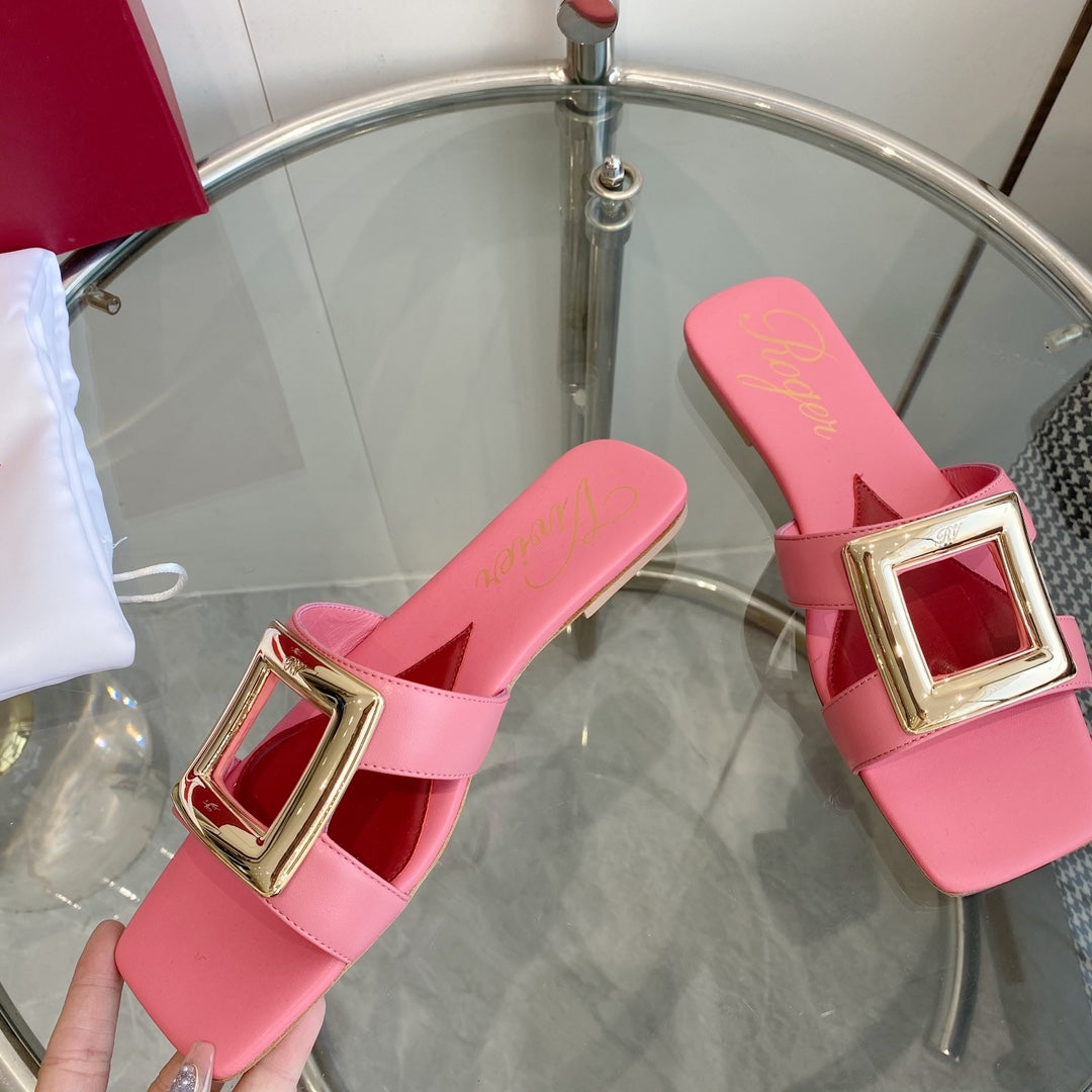 VIV' BY THE SEA LOVE METAL MULES IN PINK CALFSKIN GOLD BUCKLE