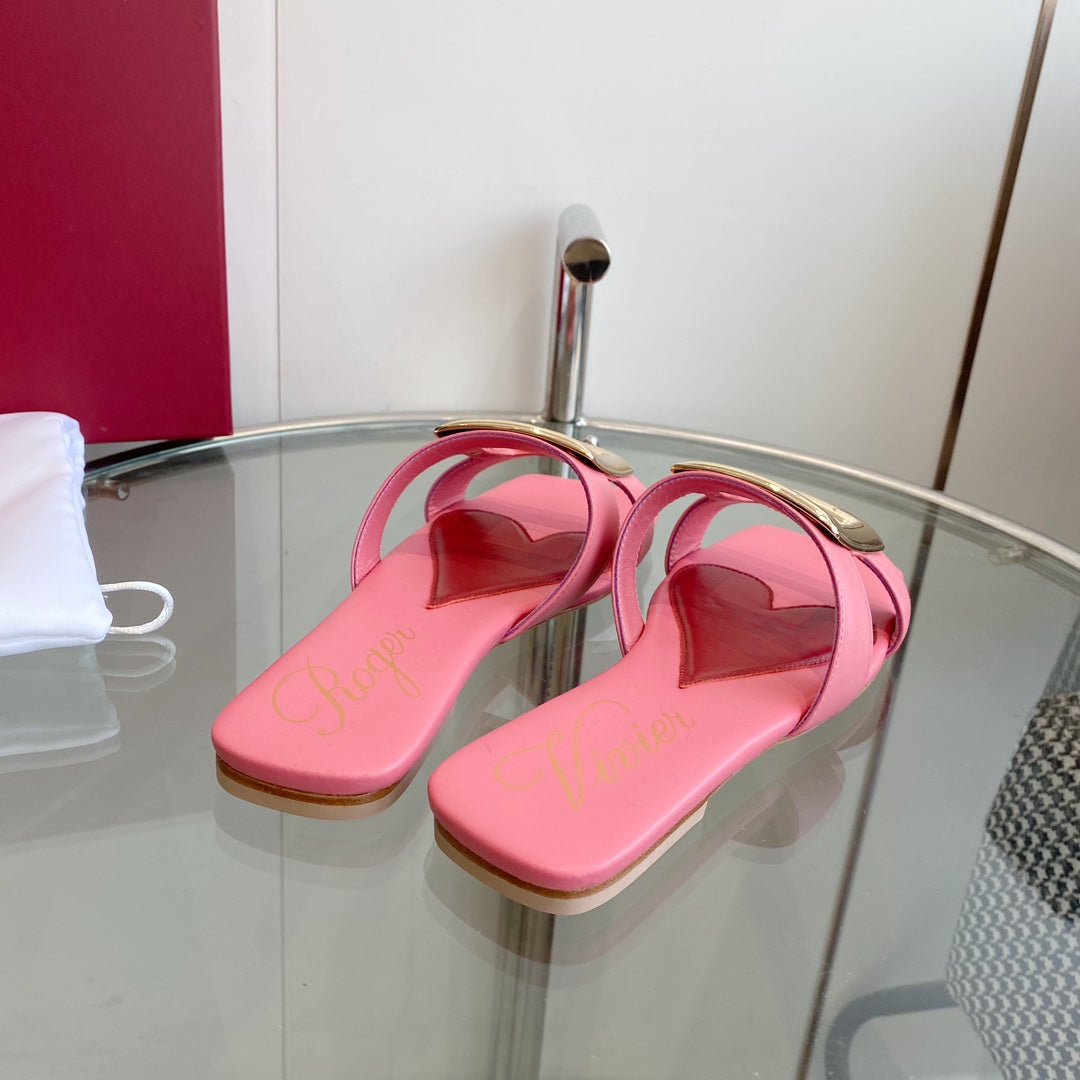 VIV' BY THE SEA LOVE METAL MULES IN PINK CALFSKIN GOLD BUCKLE