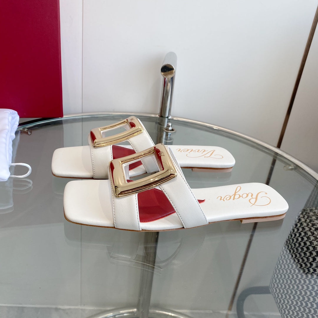 VIV' BY THE SEA LOVE METAL MULES IN WHITE CALFSKIN GOLD BUCKLE