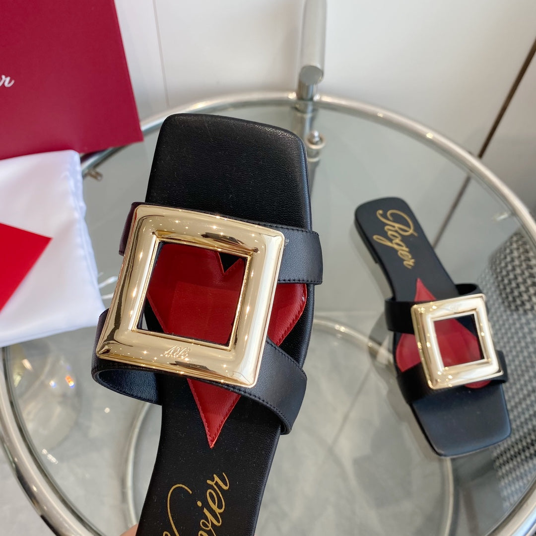 VIV' BY THE SEA LOVE METAL MULES IN BLACK CALFSKIN GOLD BUCKLE