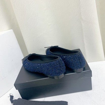 ballet flat dark blue tweed black grosgrain