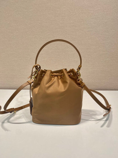 BUCKET BAG 19 IN RUSSET BROWN RE-NYLON AND CALFSKIN HANDLE