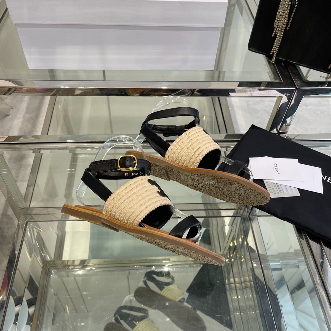 LYMPIAR FLAT STRAP SANDAL IN RAFFIA CALFSKIN BLACK BEIGE