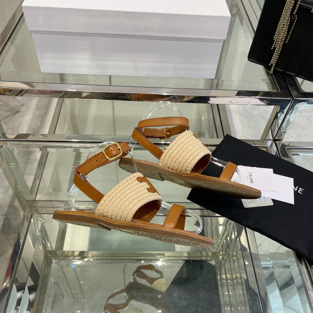 LYMPIAR FLAT STRAP SANDAL IN RAFFIA CALFSKIN WHITE CARAMEL BROWN