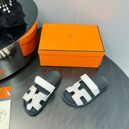 CHYPRE SANDAL WHITE MIX BLACK CALFSKIN STYLIZED