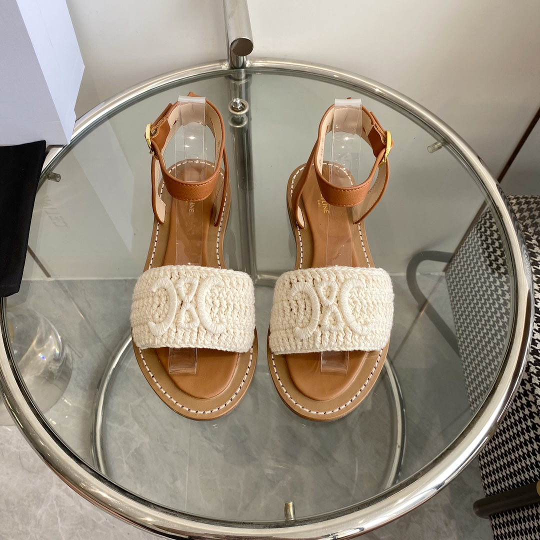 LYMPIA SANDAL IN WHITE TRIOMPHE MACCRAMÉ COTTON AND TAN CALFSKIN