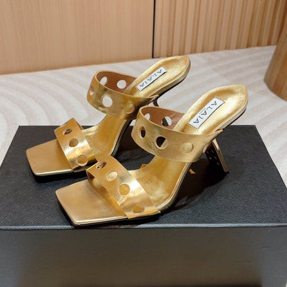 ALAIA TWO-STRAPS HIGH HEEL SANDALS IN GOLDEN PATENT LAMBSKIN