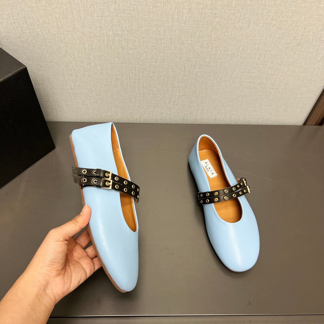 ALAIA MARY JANE SHOES IN LIGHT BLUE LAMBSKIN SILVER HARDWARE