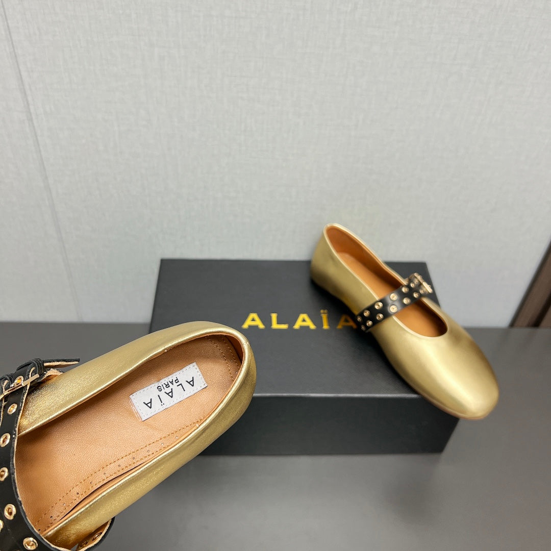 ALAIA MARY JANE SHOES IN GOLDEN LAMBSKIN SILVER HARDWARE