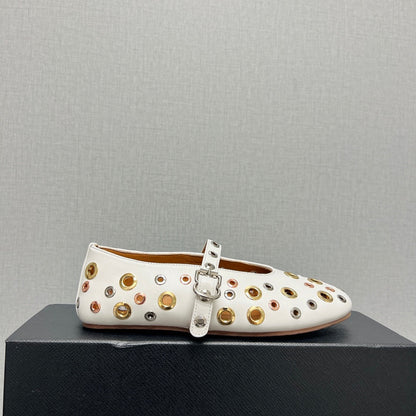 ALAIA MARY JANE SHOES IN WHITE LAMBSKIN GOLD MIX SILVER HARDWARE