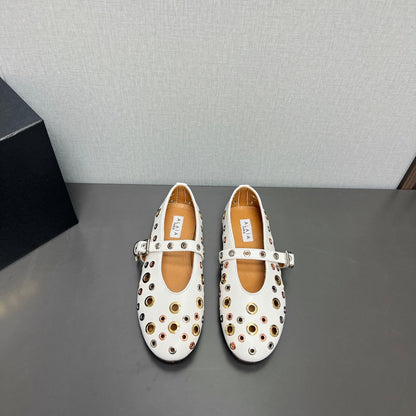 ALAIA MARY JANE SHOES IN WHITE LAMBSKIN GOLD MIX SILVER HARDWARE