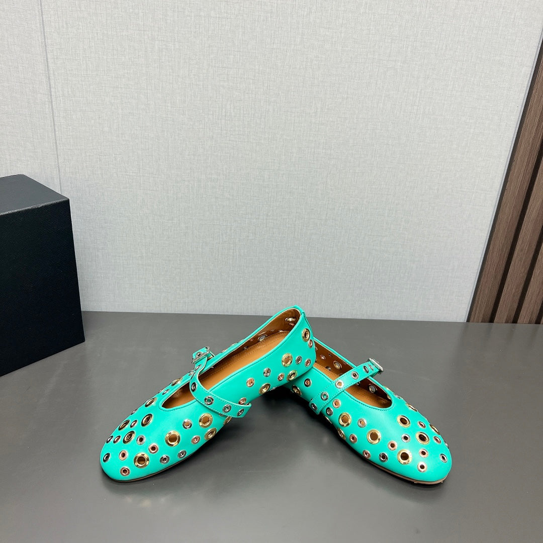 ALAIA MARY JANE SHOES IN GREEN MINT LAMBSKIN GOLD MIX SILVER HARDWARE