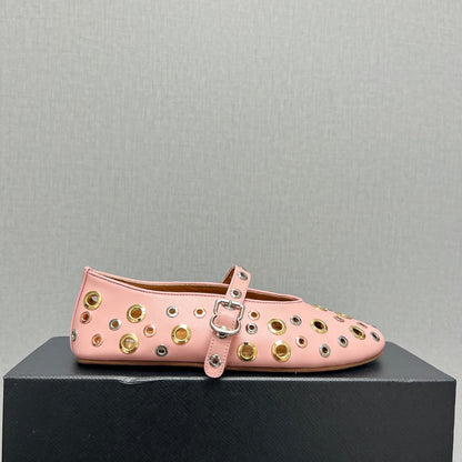 ALAIA MARY JANE SHOES IN LIGHT PINK LAMBSKIN GOLD MIX SILVER HARDWARE