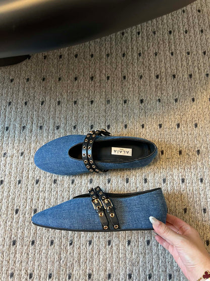 ALAIA MARY JANE SHOES IN CERULEAN BLUE ZP CUSTOM STRAW AND DENIM