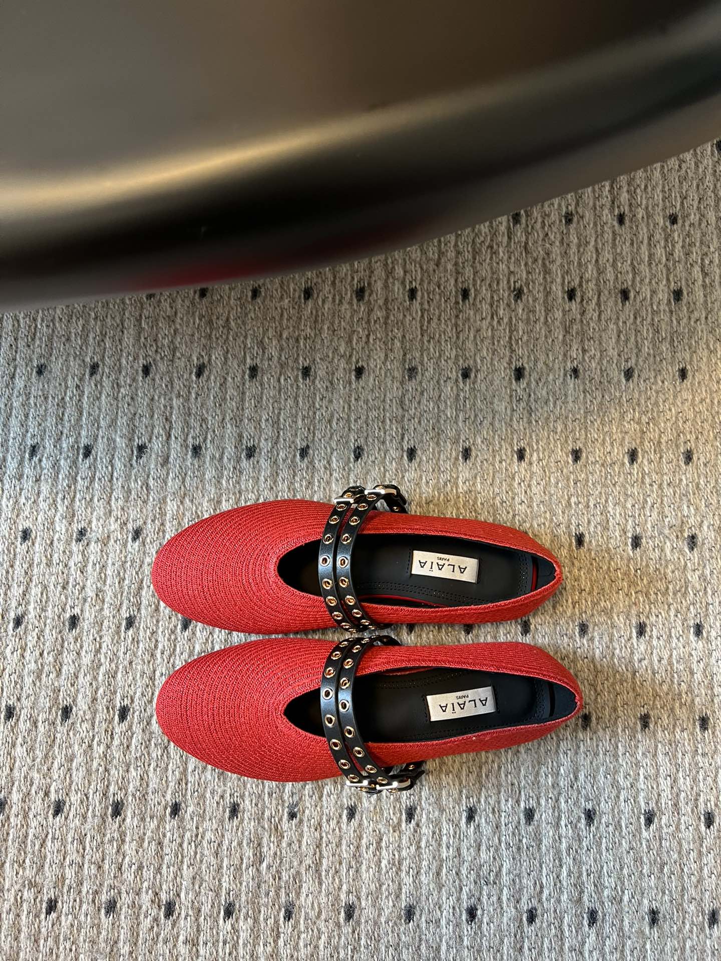 ALAIA MARY JANE SHOES IN CHERRY RED ZP CUSTOM STRAW AND DENIM