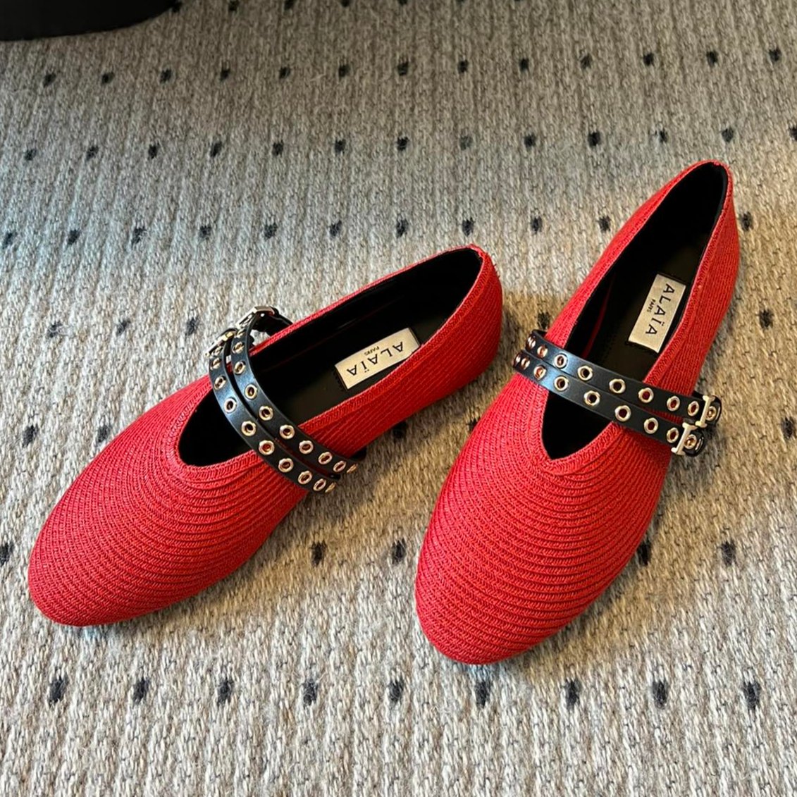 ALAIA MARY JANE SHOES IN CHERRY RED ZP CUSTOM STRAW AND DENIM