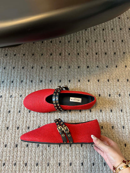 ALAIA MARY JANE SHOES IN CHERRY RED ZP CUSTOM STRAW AND DENIM