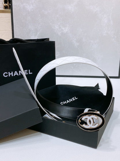 CC 30MM BELT IN WHITE EMBROIDERED CALFSKIN WHITE MIX BLACK METAL LOGO GOLD HARDWARE