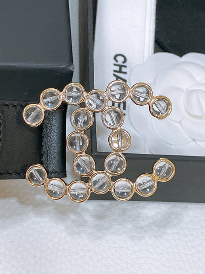 CC BELT 30 MM IN BLACK CALFSKIN PEARL LOGO WITH GOLD HARDWARE