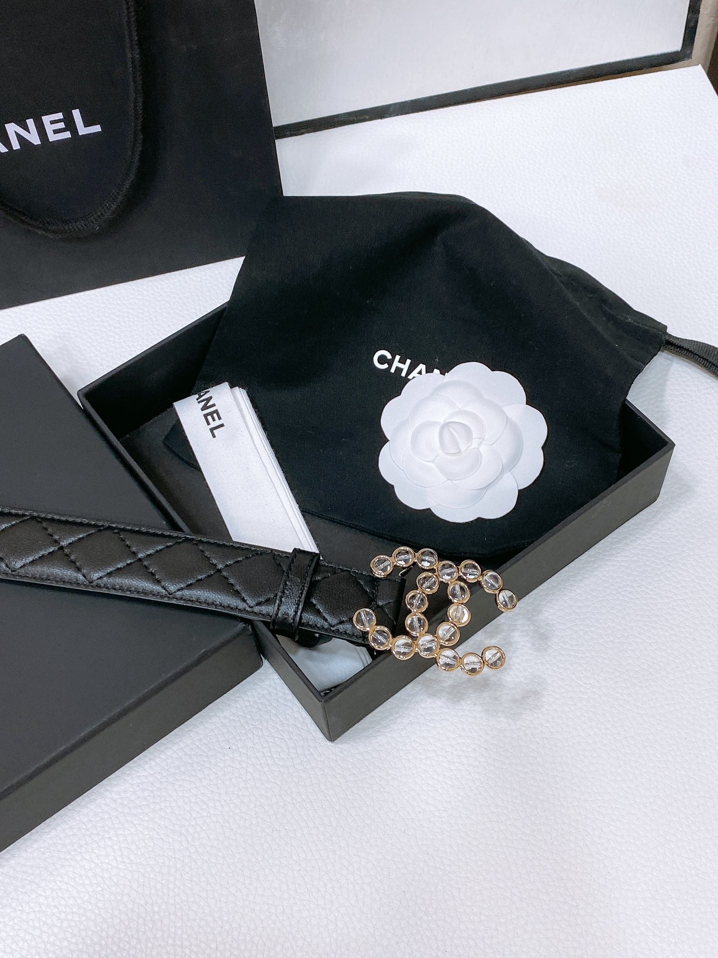 CC BELT 30 MM IN BLACK EMBROIDERED CALFSKIN PEARL LOGO WITH GOLD HARDWARE